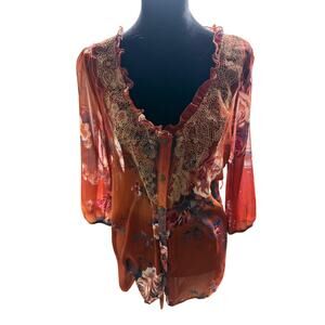 Daytrip Sheer Floral Rust Orange Lace Insert Boho Tunic Top Button Front Size L